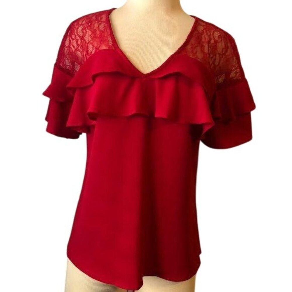 Candies Red Blouse Lace Short Sleeves Womens Ruffle top Size Small